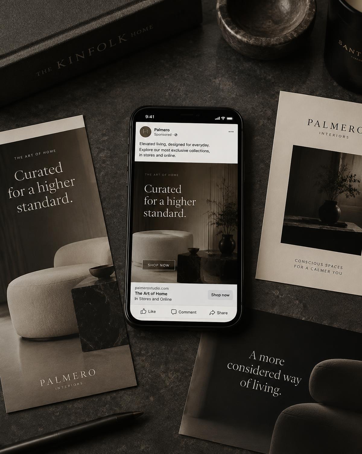 Smartphone showing a sponsored social ad beside printed campaign variants