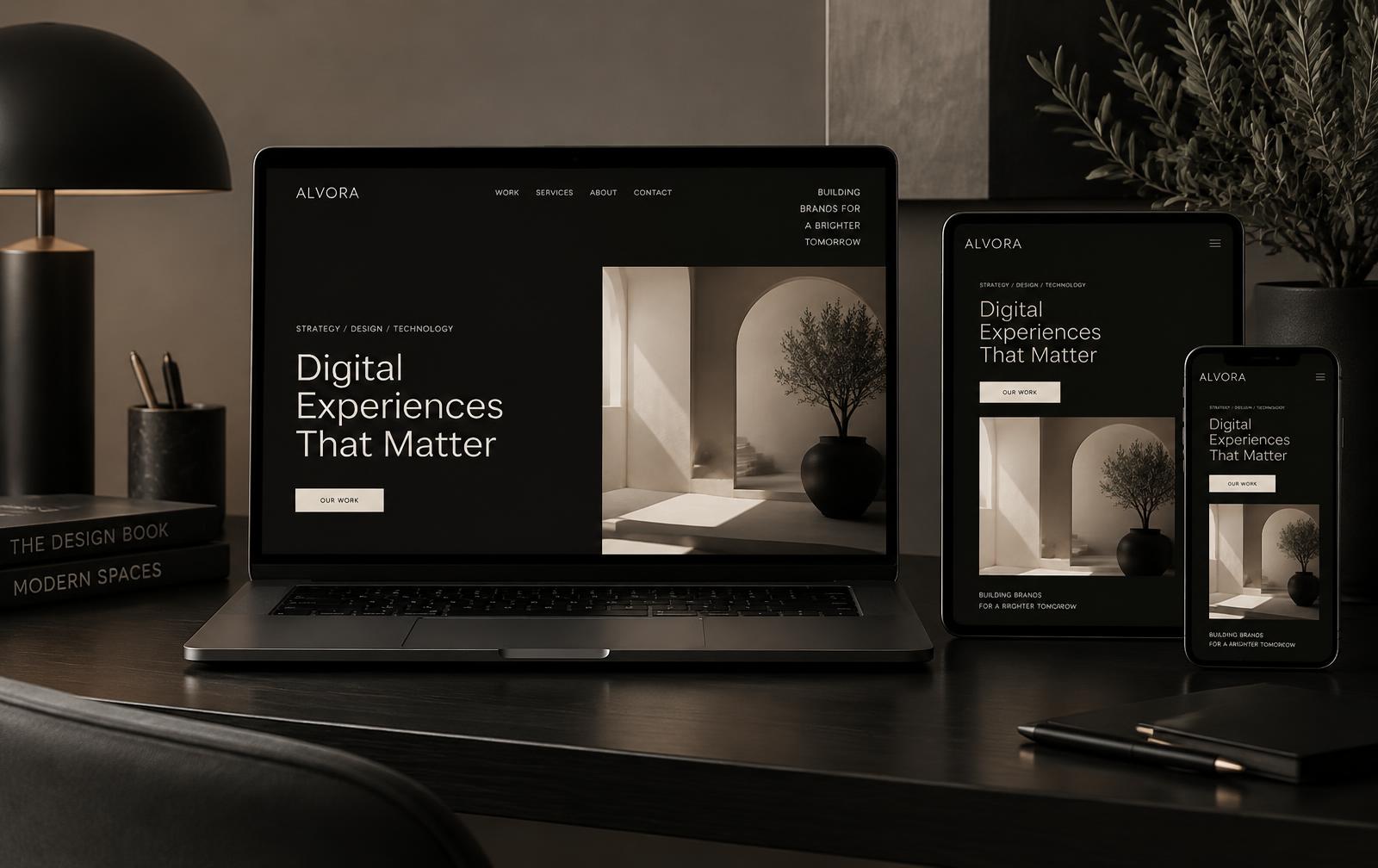 Laptop, tablet and phone showing the same minimal responsive website